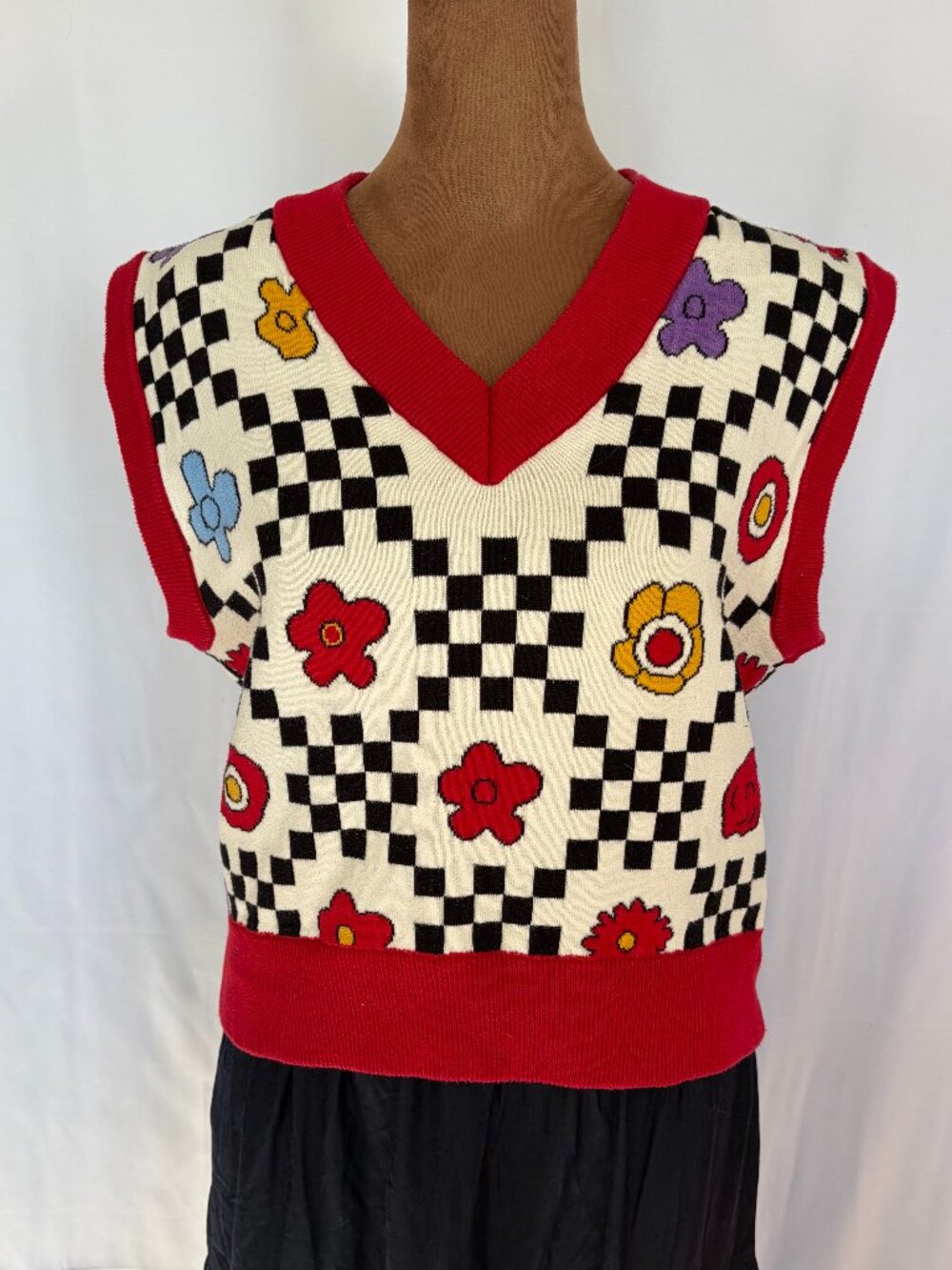 Kina & Tam The Floral Funk Checkerboard Sweater Vest Size Small